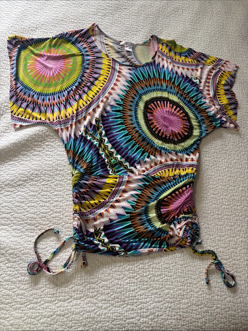 Women's Multicolor Circular Print Short Sleeve Tunic - Side Tie